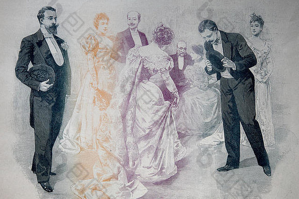 兰西尔<strong>舞</strong>曲或兰塞尔<strong>舞</strong>曲是一种方形<strong>舞</strong>蹈，是四轮<strong>舞</strong>的变体，由四对夫妇表演，在18世纪和19世纪，1880年，特别流行，历史插图，木刻