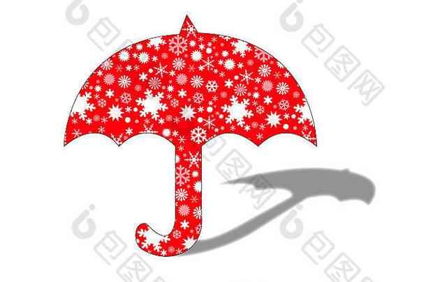图为白色背景下的红色雨伞，内有雪。