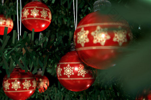 一个3D特写的红色圣诞饰品，装饰着精美华丽的雪花图案，挂在一个假的绿色圣诞节上