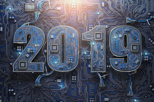 2019在带cpu的电路板或主板上。计算机技术和互联网通信数字概念。新年快乐。三维插图