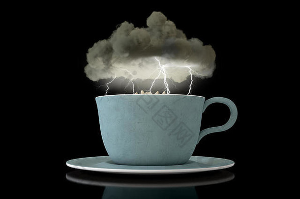 文字概念黑色的风暴云悬停环动荡不安的杯茶闪电引人注目的孤立的背景渲染