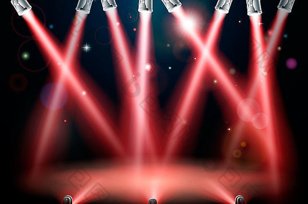 红色聚光灯背景概念，具有大量灯光、灯光秀或戏剧舞台表演中的聚光灯