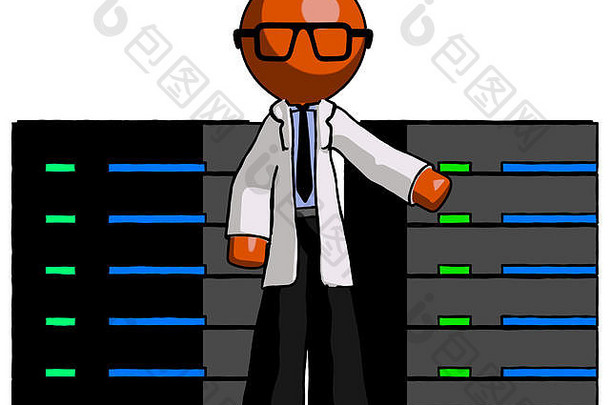 橙色医生科学家男人。服务器架前面网络系统