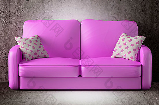 粉色沙发和心形靠垫的3d渲染