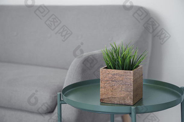 绿色金属现代餐桌和灰色沙发上的木制立方体植物盆