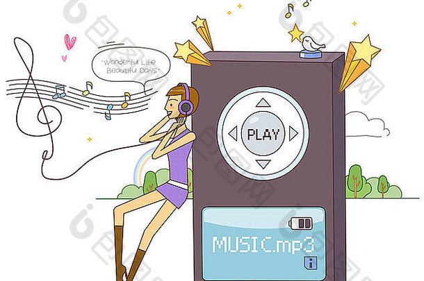 女人享受音乐i-pod
