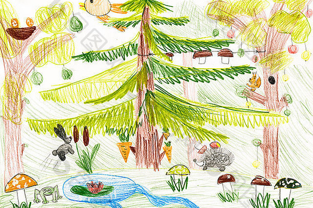 森林野生动物。儿童绘画
