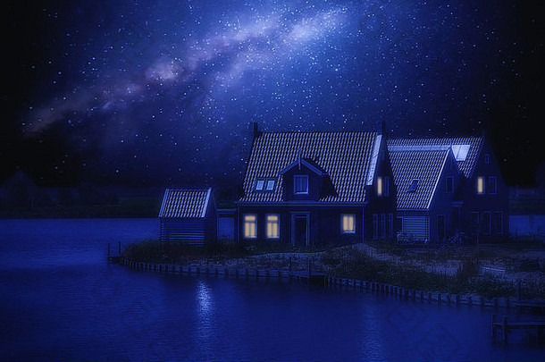 木房子背景晚上天空