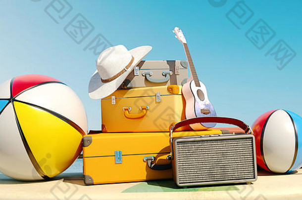 行李行李海滩设备前冲浪董事会准备好了夏天假期概念有趣的夏天呈现