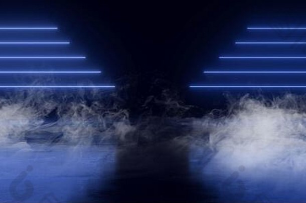 烟雾科幻未来主义发光霓虹激光复古现代线条形充满活力的蓝色灯光在混凝土深色水泥车库3D渲染插图