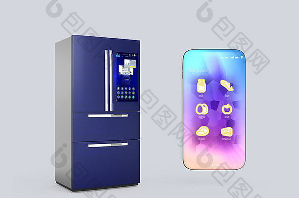冰箱和智能手机在灰色背景上隔离。智能家电概念。三维渲染图像。