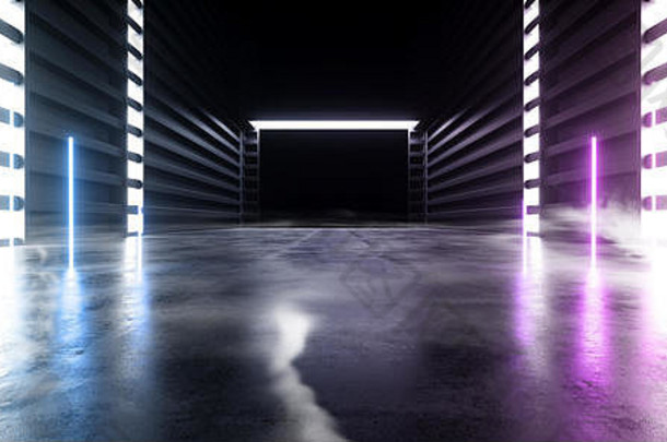 未来科幻烟氖激光宇宙飞船黑暗走廊发光紫红色蓝色混凝土垃圾走廊虚拟现实充满活力的荧光空间