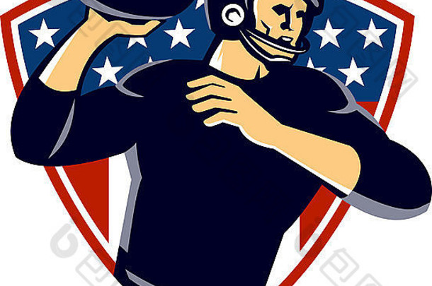 一名美国四分卫足球运动员传球的插图，球被设置在背景为星条旗的盾牌内