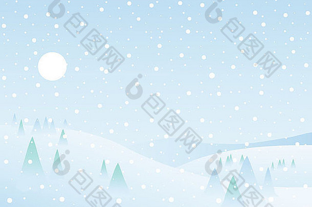 这是一幅典型的冬季风景画，冷杉、小山、白日、蓝天、雪花飘落