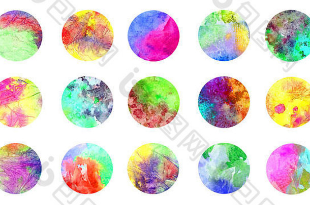 圆形抽象grunge水彩全彩虹色大理石纹理喷溅系列，独立设置手绘水彩插图