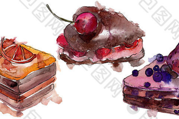 水彩画风格的美味水果蛋糕。水曲柳甜点。背景插图集。