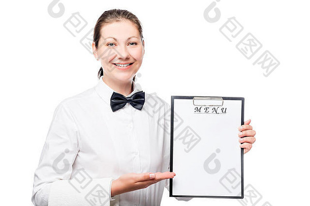 微笑女服务员菜单文件夹白色背景孤立的