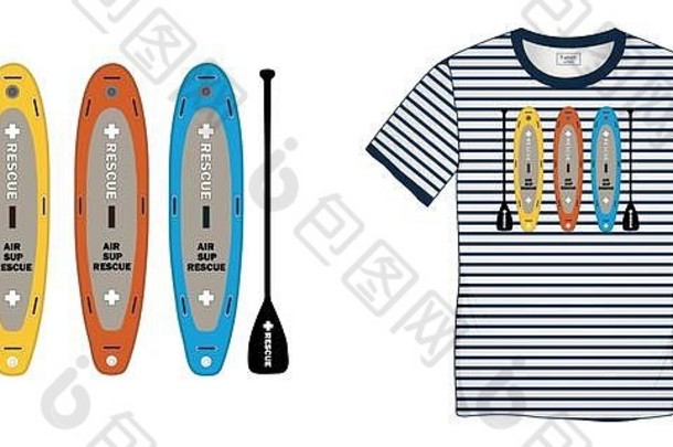 印有t<strong>恤图案</strong>设计、桨板、航海运动图像衬衫水手条纹、背景空白隔离