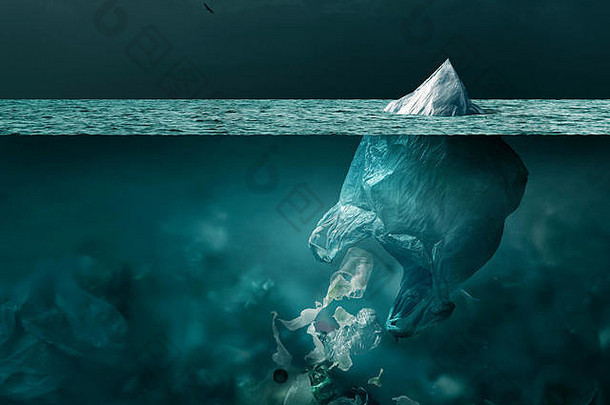 塑料袋冰山融化表面海洋浮动分散浪费水海污染全球