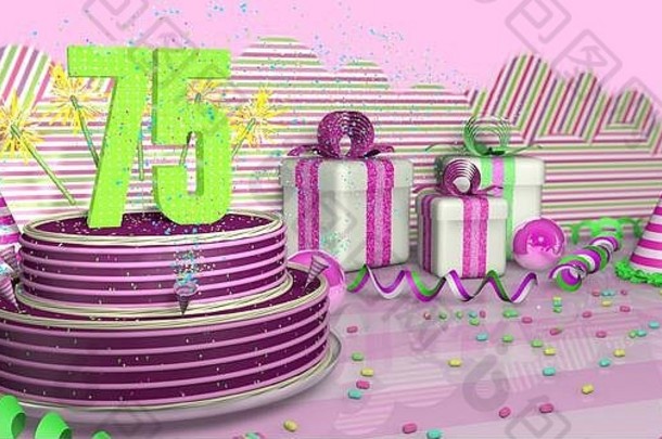 紫色圆形75岁生日蛋糕，在明亮的桌子上装饰着五颜六色的火花和粉色线条，上面有绿色的彩带、派对帽和带别针的礼盒