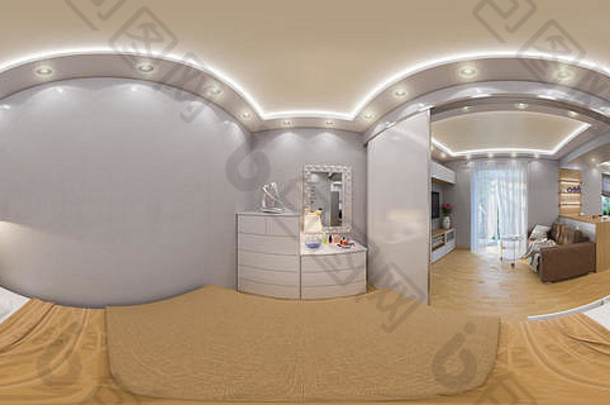 插图球形度无缝的全景卧室室内设计现代工作室公寓斯堪的那维亚