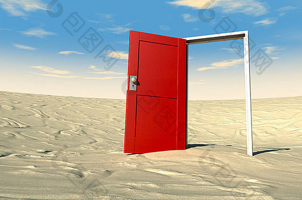 在一片蓝天的沙漠中，一扇涂着红色金属框架的敞开木门