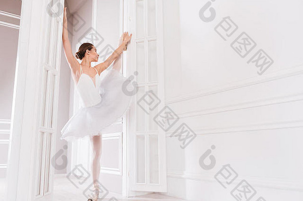 美丽的运动芭蕾舞女演员在门之间摆姿势