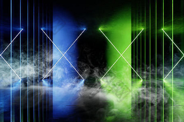 迷幻线科幻烟氖激光宇宙飞船未来黑暗走廊发光蓝绿色混凝土垃圾走廊虚拟充满活力的荧光空间U