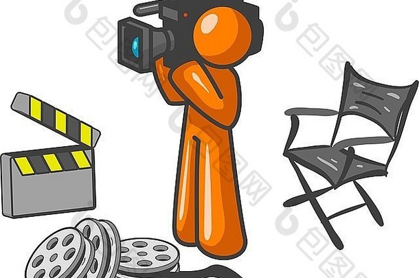 一个拿着相机和卷轴的橙色男人，拍摄一些镜头或电影。