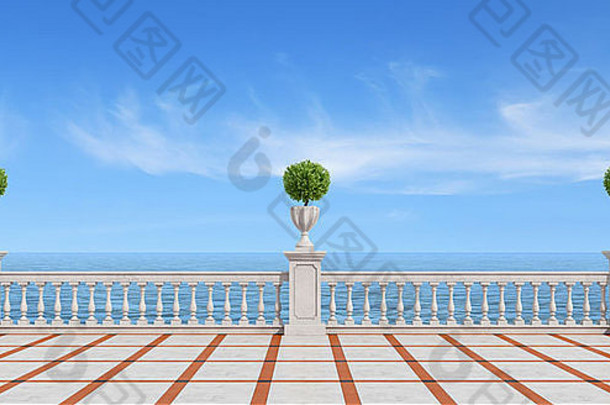 空阳台俯瞰海混凝土栏杆平铺的地板上呈现