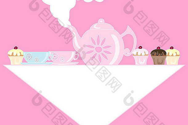 一个粉红色茶壶的插图，茶壶上有配套的杯子和茶托，茶杯和茶托放在一块白色桌布上，上面装饰着纸杯蛋糕