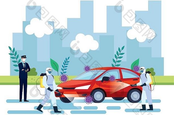 汽车消毒服务，预防冠状病毒19型，用消毒喷剂清洁汽车表面，人员穿生物危害防护服
