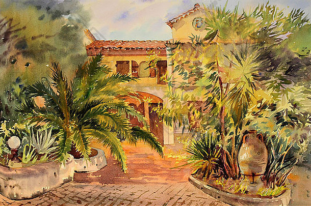 圣特罗佩斯建筑的水彩画。