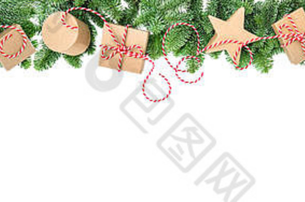 圣诞节装饰礼物盒子松树分支机构边境白色背景假期横幅