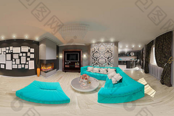 插图球形度无缝的全景生活房间室内设计设计生活房间