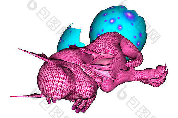 一条新生的粉红色小龙在白色背景上分离的裂蛋附近的3D数字渲染