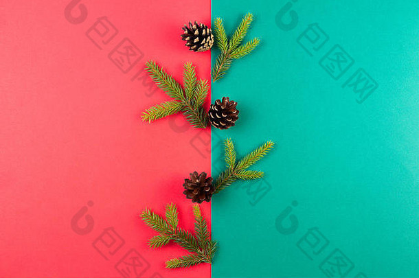 圣诞节作文冷杉树分支机构松视锥细胞安排红色的绿色背景前视图平躺