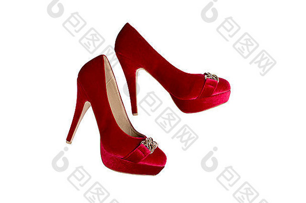 一对高非常红色的女鞋子孤立的白色背景