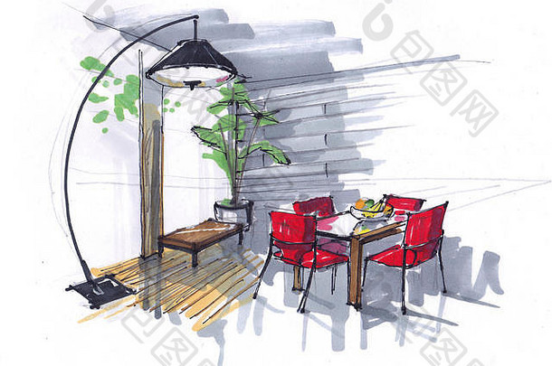 餐厅的草图。在有大窗户的区域有鲜花、桌子和红色椅子。大型设计师落地灯。手绘内饰。