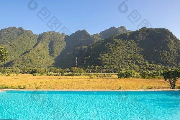 越南西北部湄洲的游泳池和绿色、棕色、黄色和金色的稻田
