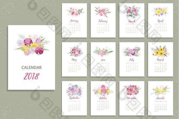 可打印的2018年日历，花朵绚丽