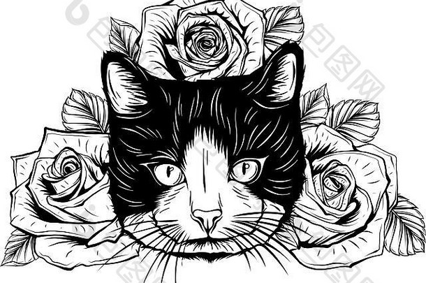 带花环的猫的手绘肖像。
