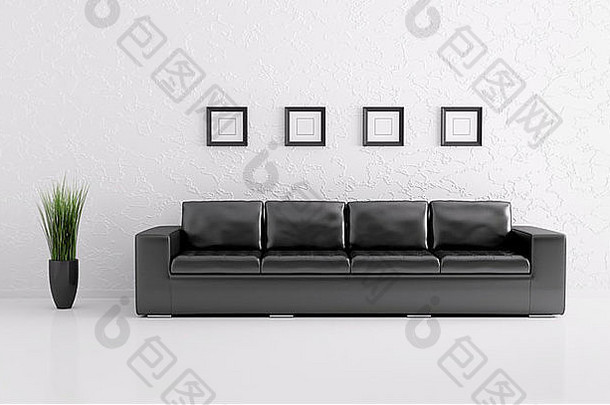 白色房间的现代室内，黑色沙发3d渲染