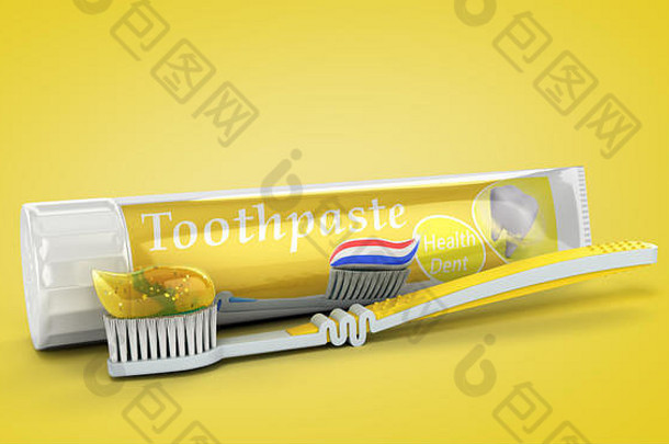 牙膏管设计的现念牙刷牙膏管彩色背景三维渲染