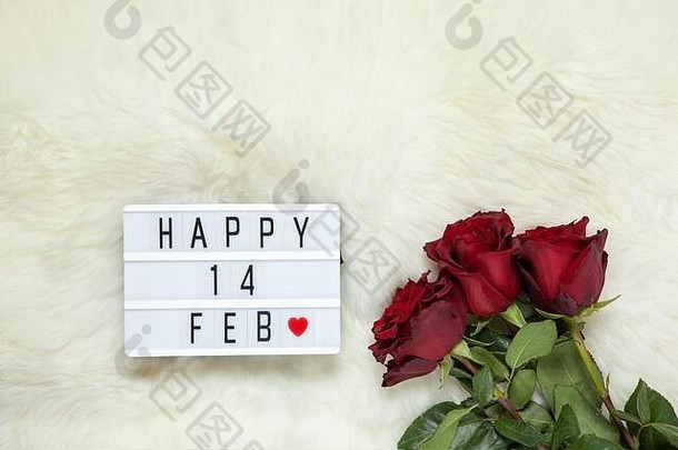 乳白色毛皮地毯上有一束栗色玫瑰，灯箱上写着“2月14日快乐”，意思是情人节。平铺。顶视图。二月十四日