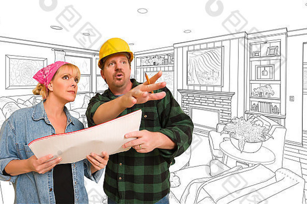 男承包商就定制客厅图纸与女承包商讨论计划。
