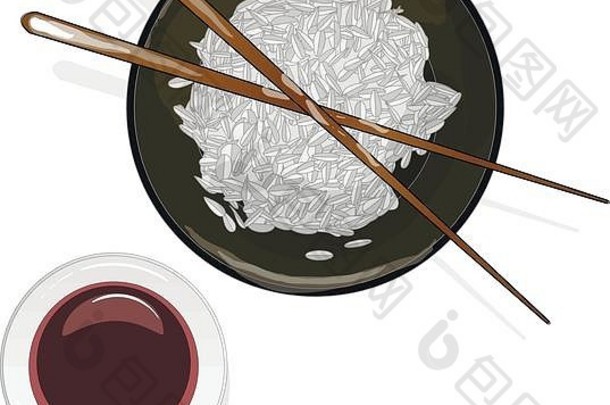 日本厨房插图大米donburi碗杯我是酱汁孤立的