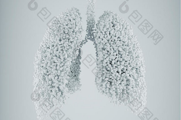 白色背景下肺部的纳米颗粒-3D渲染