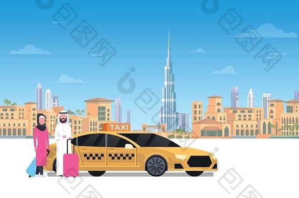 阿拉伯夫妇坐着黄色的出租车车迪拜城市背景