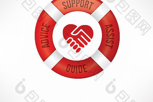 带有红色救生圈的客户服务关怀和支持概念，上面写着“建议、支持、协助和指导”以及“握手”